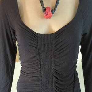 Bailey 44 Black Ruched Scoop-Neck Long Sleeve Top